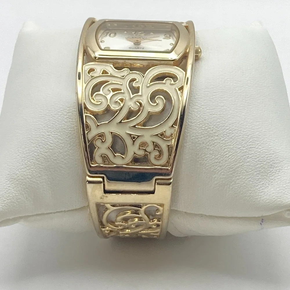 Geneva Women's Watch Gold Tone Cuff Scrollwork Enamel 30mm New Battery 6.5